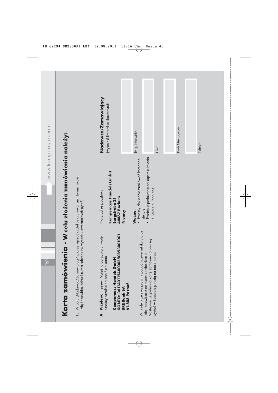 Kar ta zamó wienia, W celu złożenia zamó wienia należy | Silvercrest SBB 850 A1 User Manual | Page 42 / 146