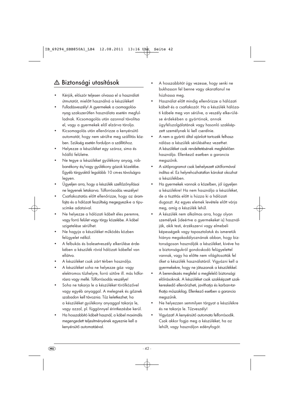Biztonsági utasítások | Silvercrest SBB 850 A1 User Manual | Page 44 / 146