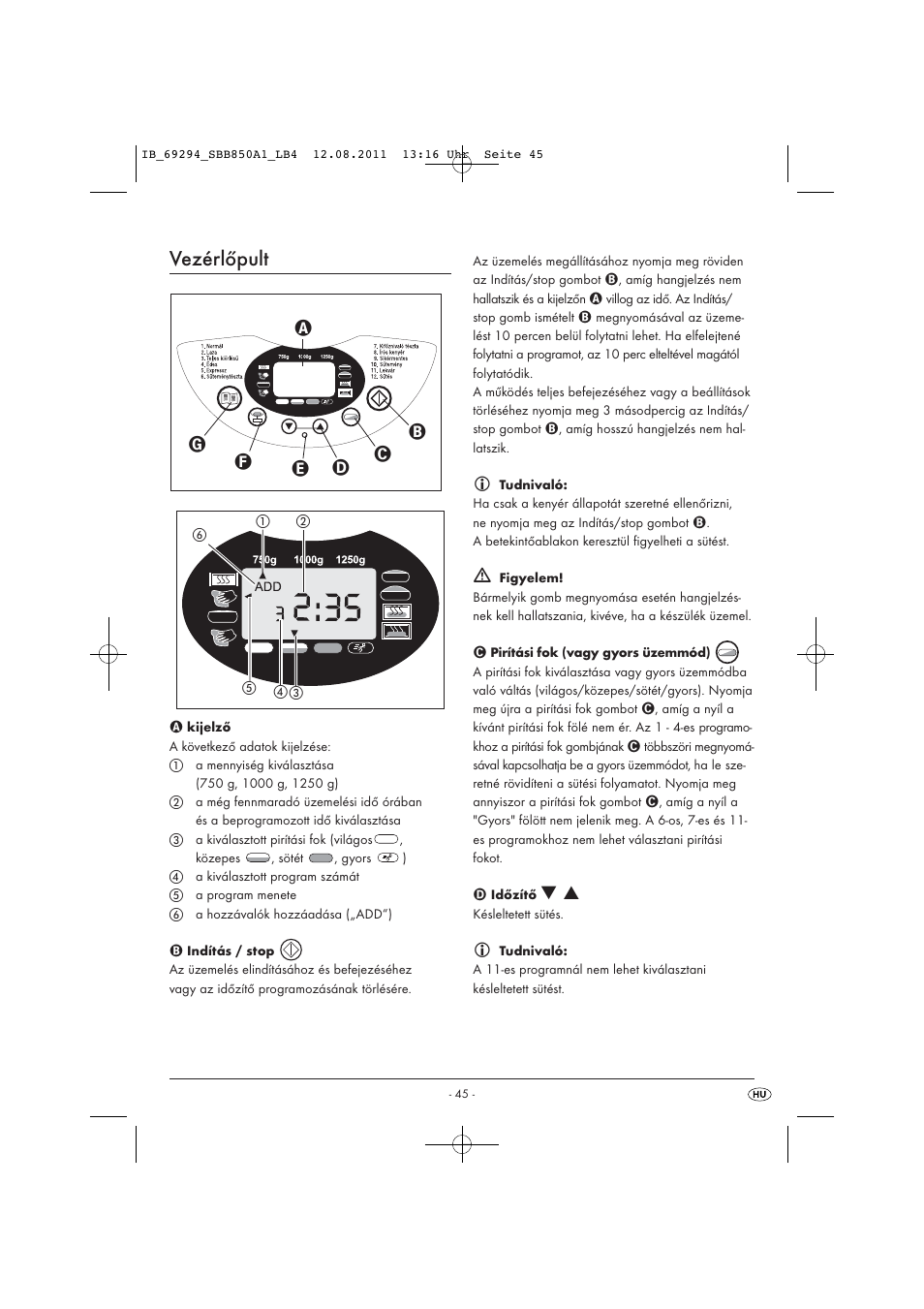 Vezérlőpult | Silvercrest SBB 850 A1 User Manual | Page 47 / 146