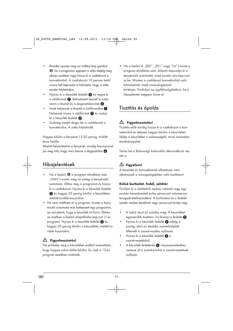 Hibajelentések, Tisztítás és ápolás | Silvercrest SBB 850 A1 User Manual | Page 52 / 146