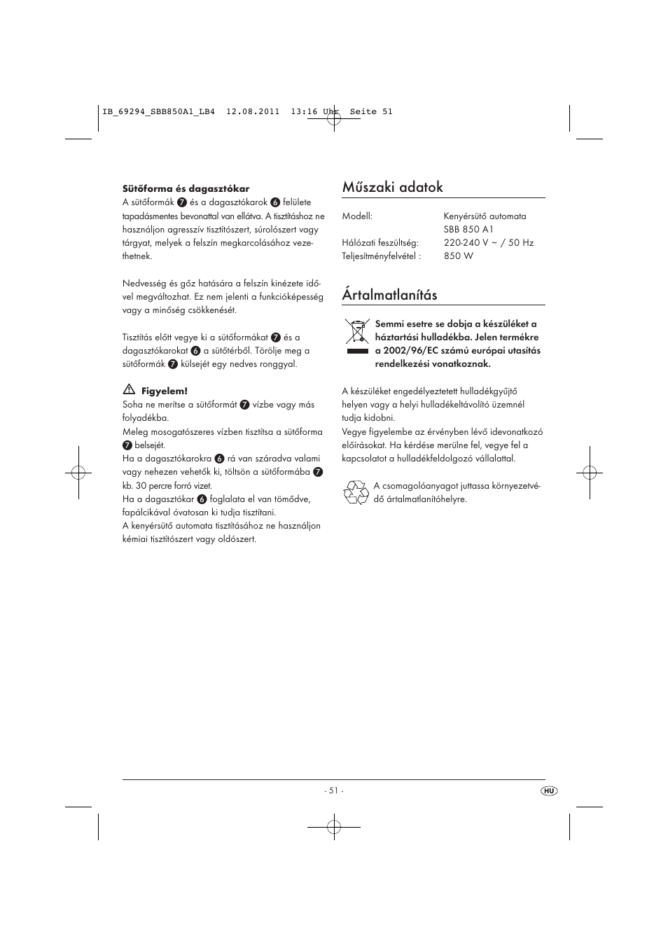 Műszaki adatok, Ártalmatlanítás | Silvercrest SBB 850 A1 User Manual | Page 53 / 146