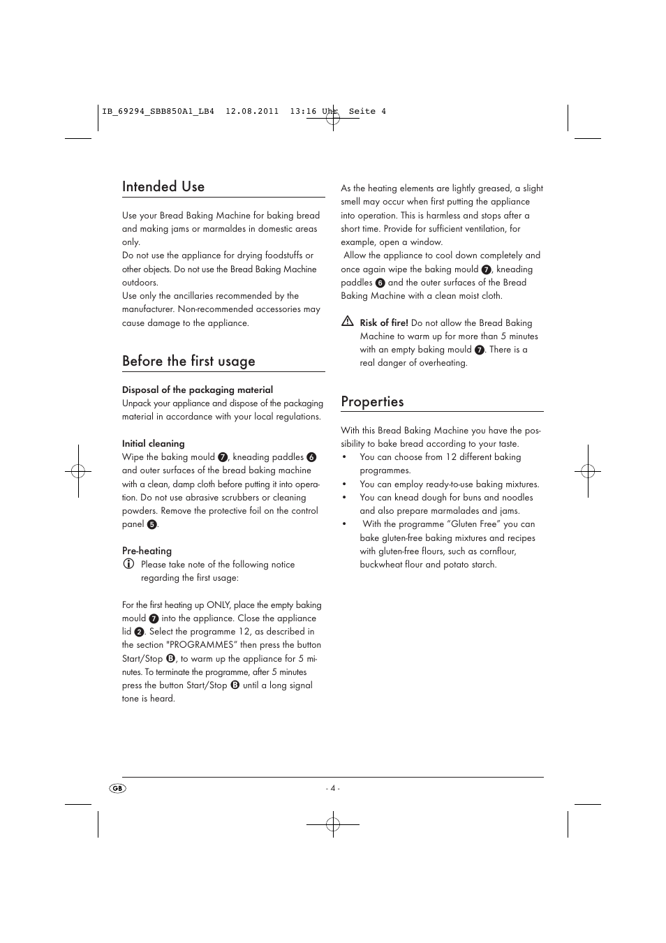 Intended use, Before the first usage, Properties | Silvercrest SBB 850 A1 User Manual | Page 6 / 146