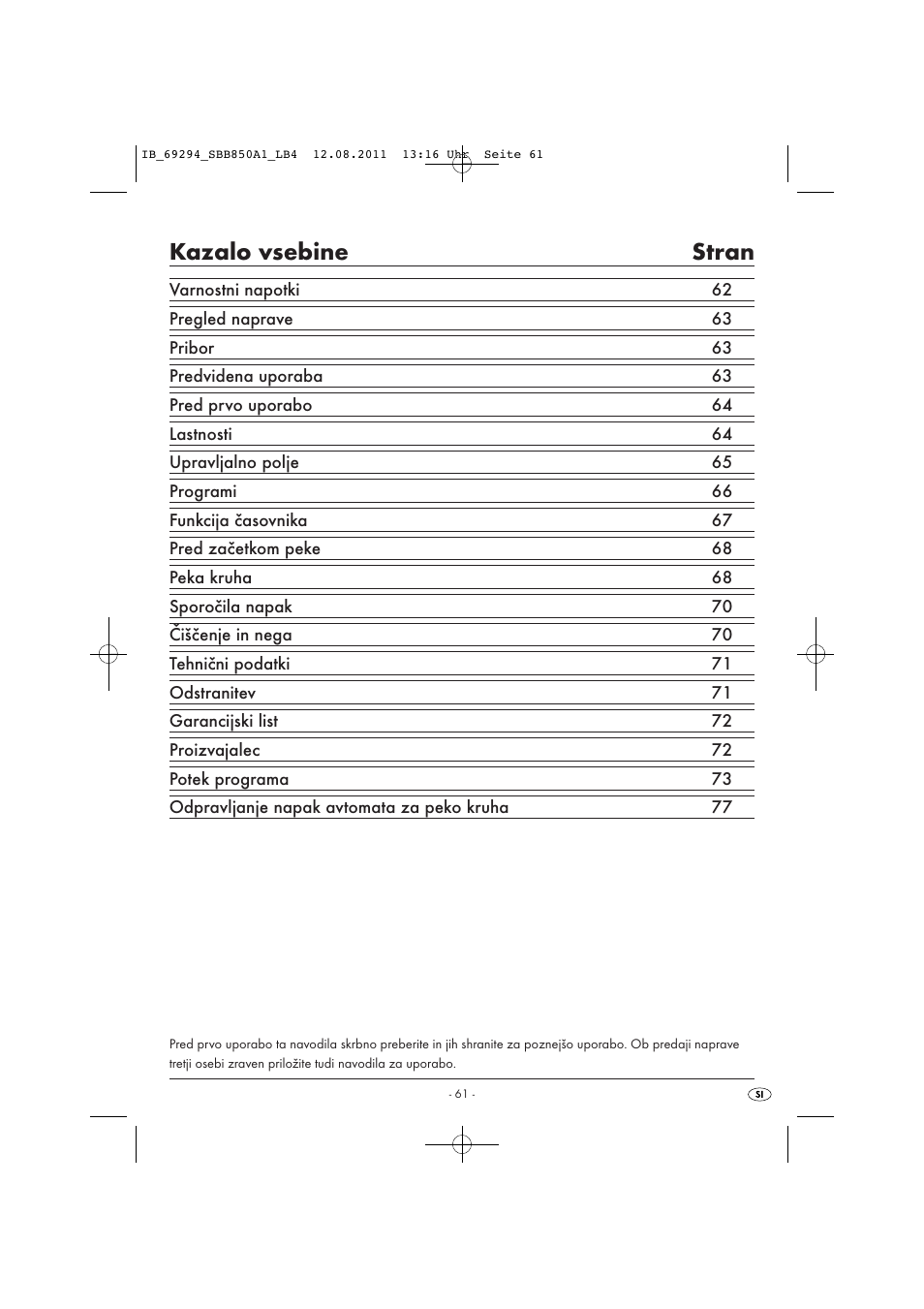 Kazalo vsebine stran | Silvercrest SBB 850 A1 User Manual | Page 63 / 146