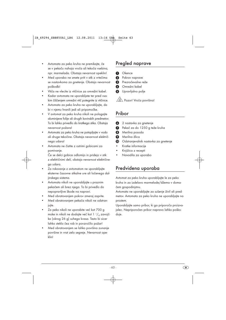 Pregled naprave, Pribor, Predvidena uporaba | Silvercrest SBB 850 A1 User Manual | Page 65 / 146