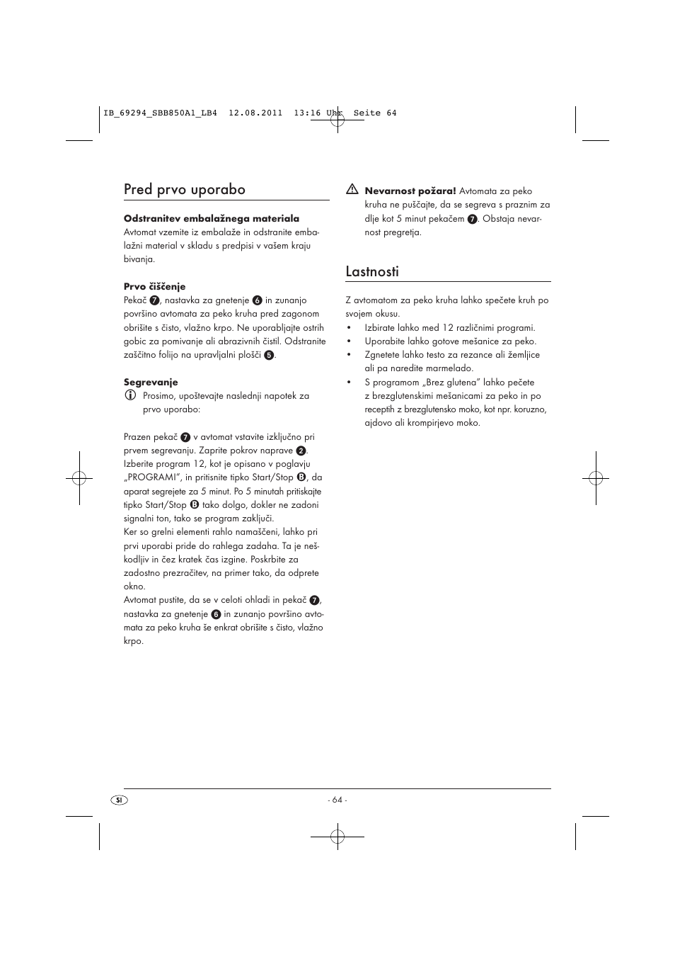 Pred prvo uporabo, Lastnosti | Silvercrest SBB 850 A1 User Manual | Page 66 / 146