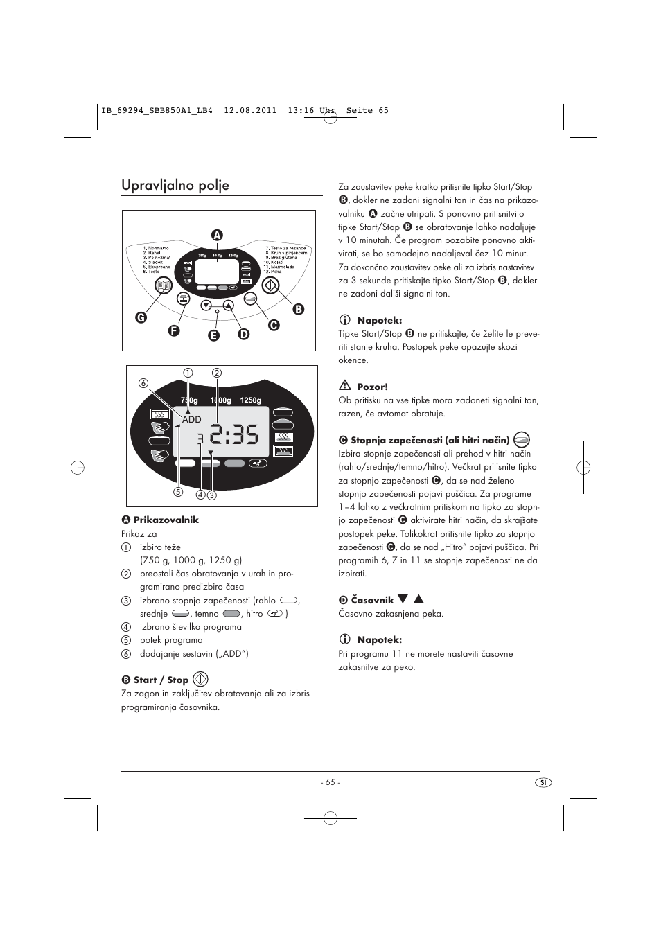 Upravljalno polje | Silvercrest SBB 850 A1 User Manual | Page 67 / 146