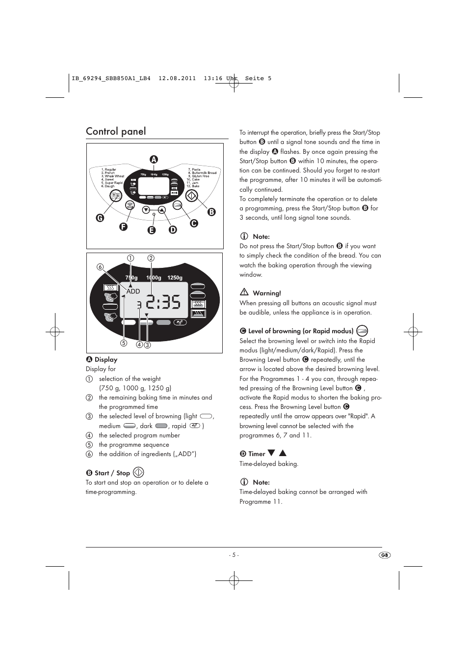 Control panel | Silvercrest SBB 850 A1 User Manual | Page 7 / 146