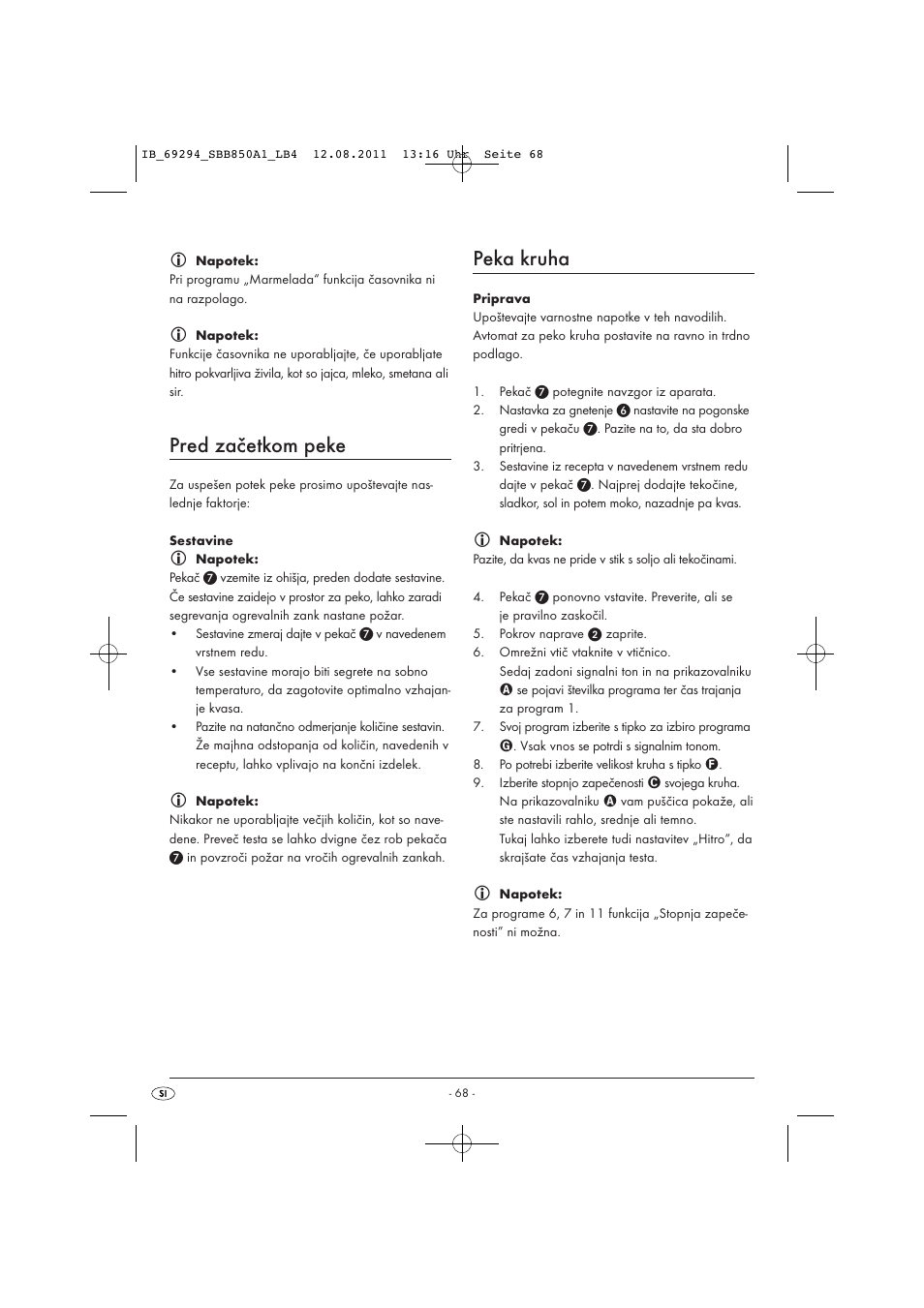 Pred začetkom peke, Peka kruha | Silvercrest SBB 850 A1 User Manual | Page 70 / 146