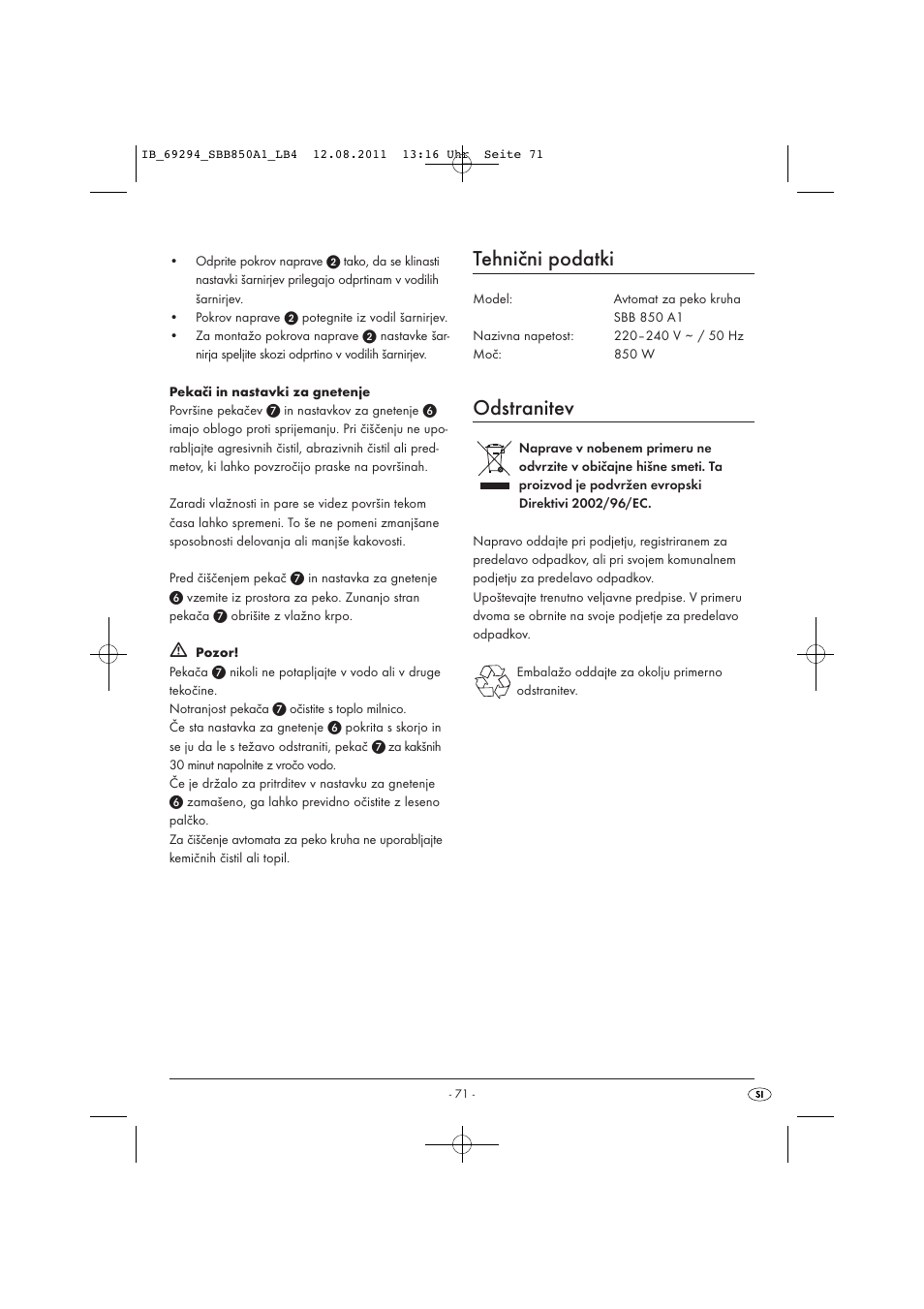 Tehnični podatki, Odstranitev | Silvercrest SBB 850 A1 User Manual | Page 73 / 146