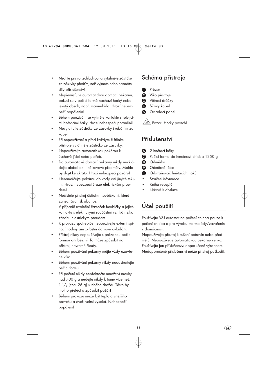 Schéma přístroje, Příslušenství, Účel použití | Silvercrest SBB 850 A1 User Manual | Page 85 / 146