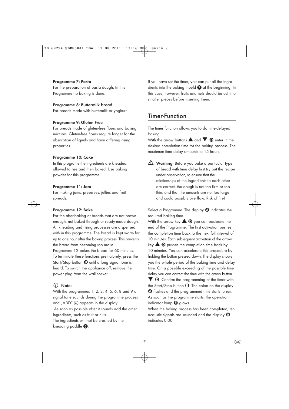 Timer-function | Silvercrest SBB 850 A1 User Manual | Page 9 / 146