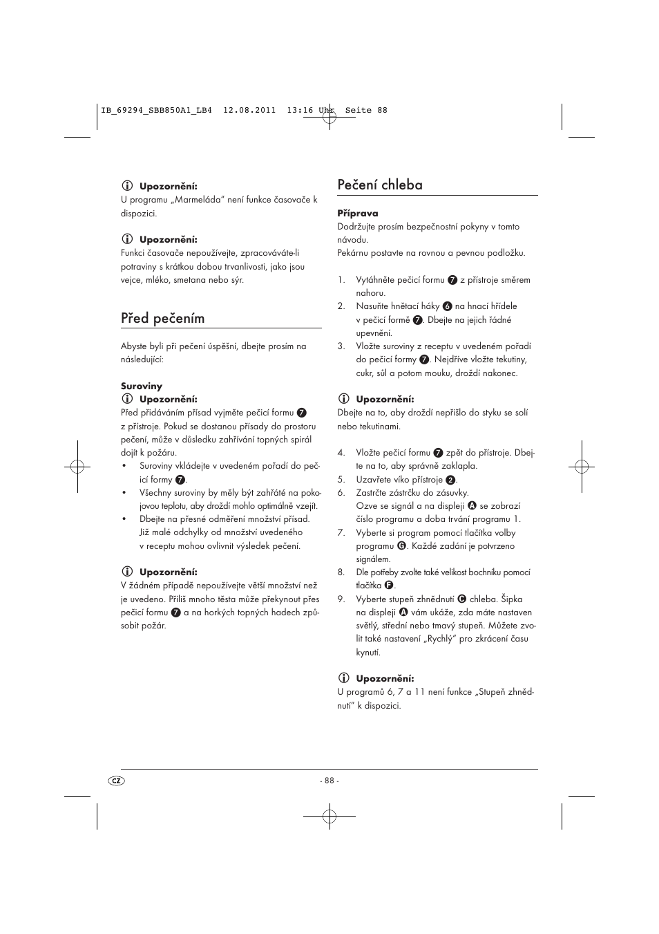 Před pečením, Pečení chleba | Silvercrest SBB 850 A1 User Manual | Page 90 / 146