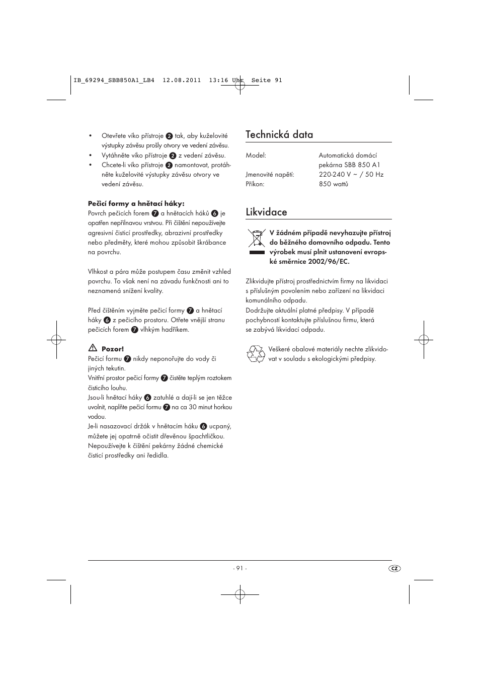 Technická data, Likvidace | Silvercrest SBB 850 A1 User Manual | Page 93 / 146