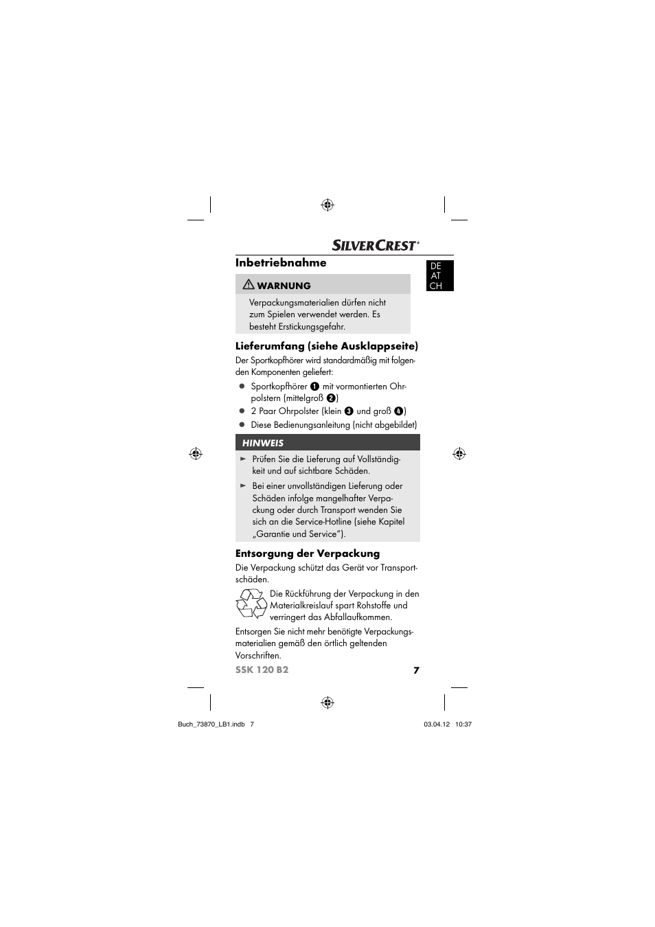 Inbetriebnahme, Lieferumfang (siehe ausklappseite), Entsorgung der verpackung | Silvercrest SSK 120 B2 User Manual | Page 10 / 73