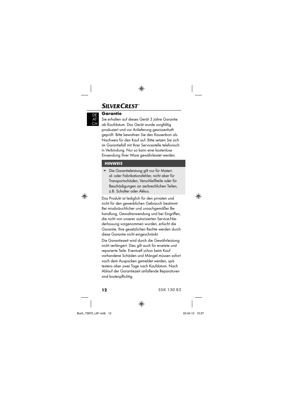 Garantie | Silvercrest SSK 120 B2 User Manual | Page 15 / 73