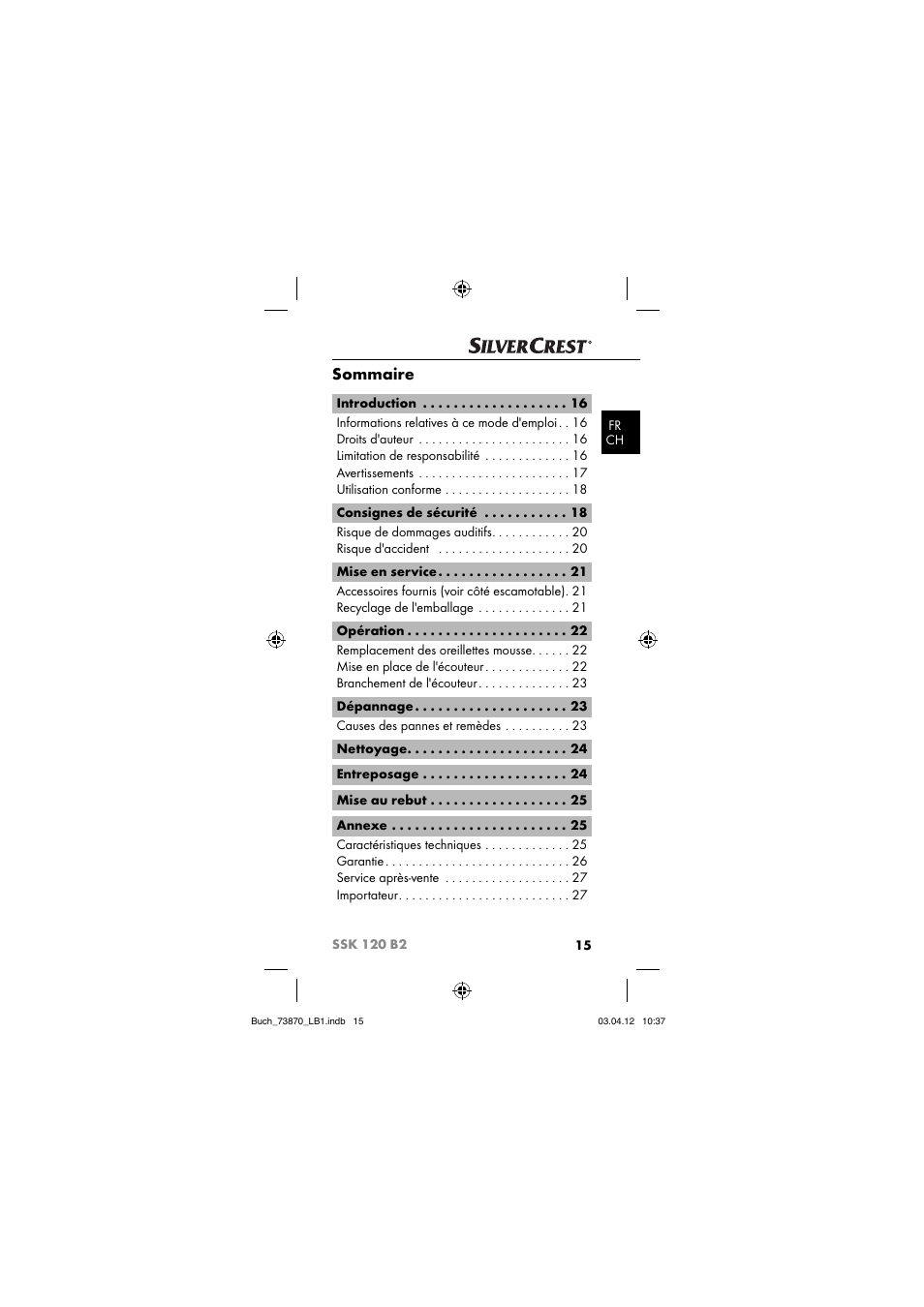 Sommaire | Silvercrest SSK 120 B2 User Manual | Page 18 / 73