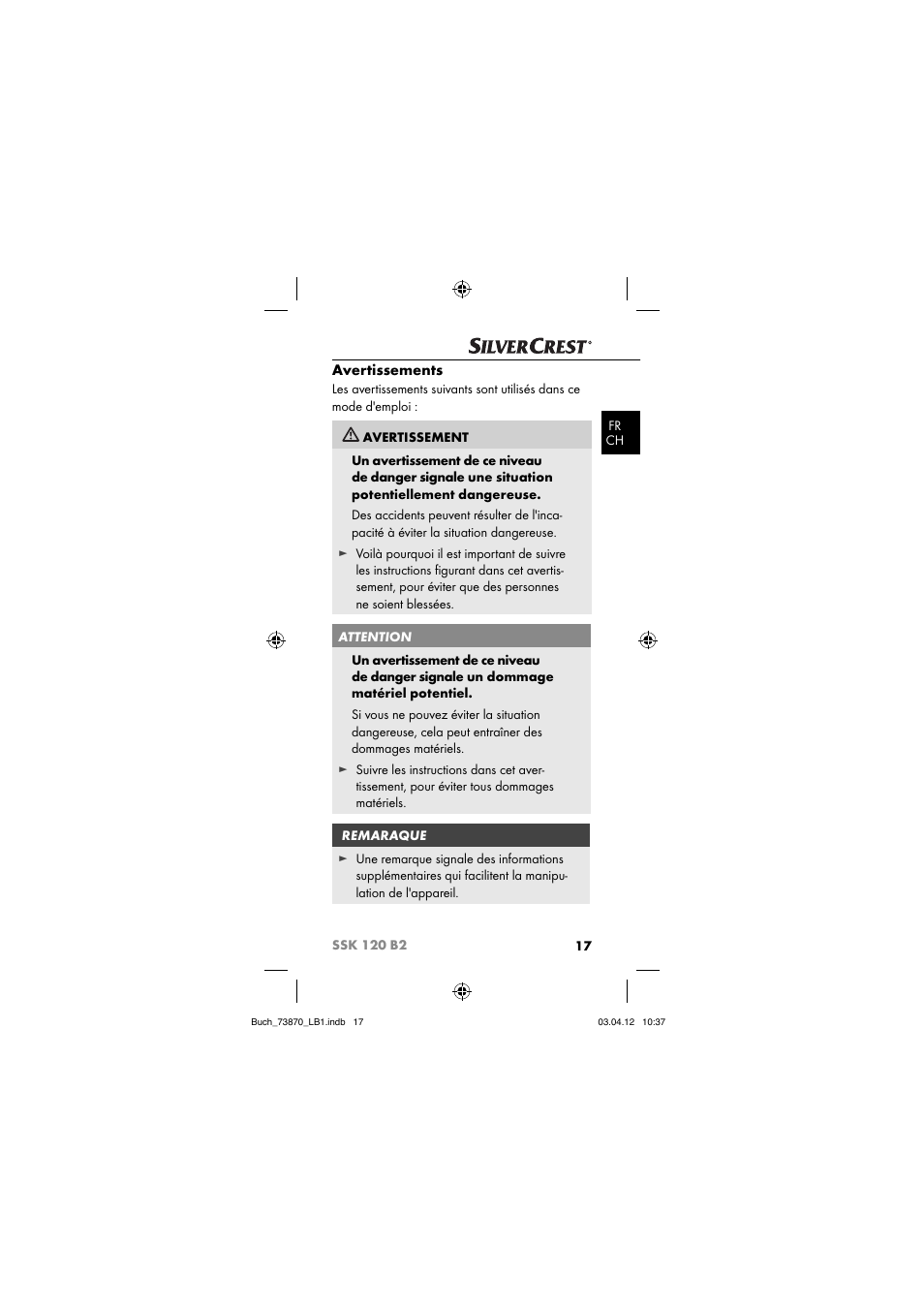 Avertissements | Silvercrest SSK 120 B2 User Manual | Page 20 / 73