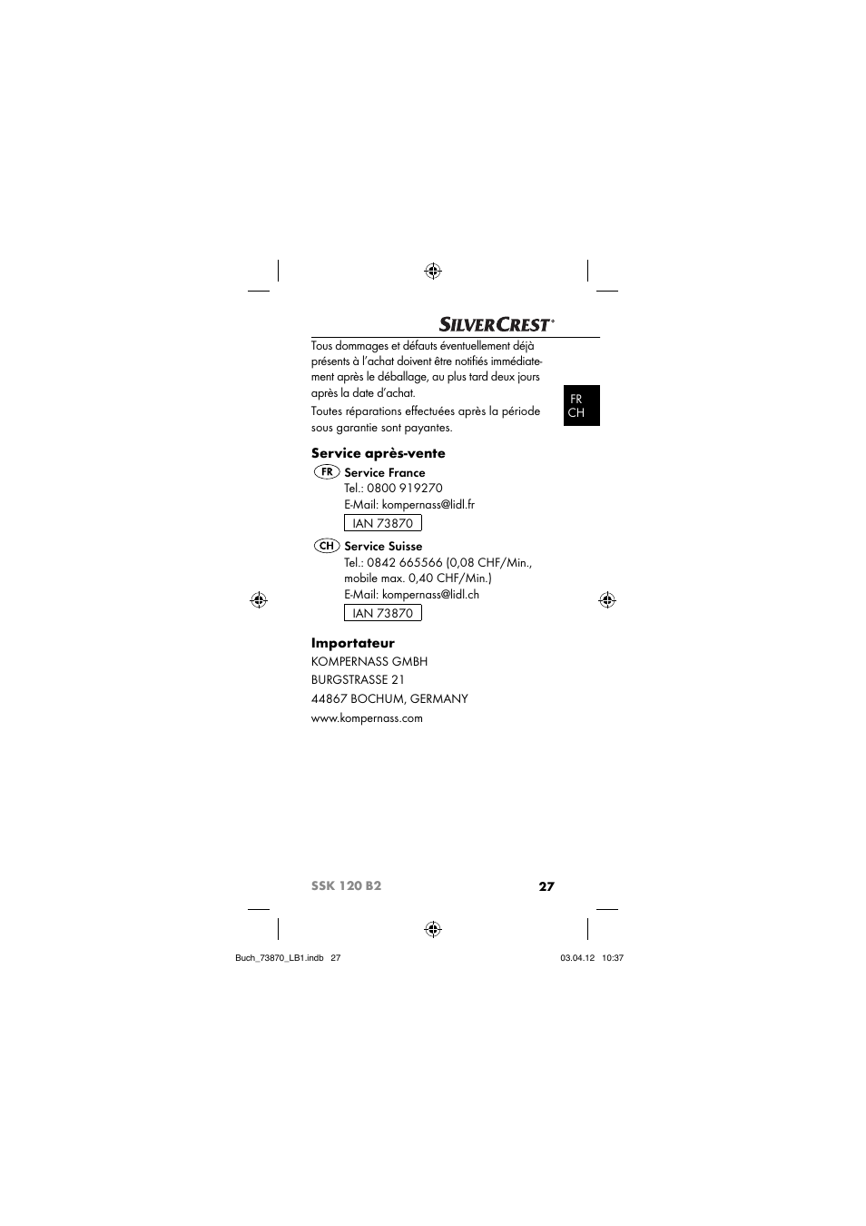 Service après-vente, Importateur | Silvercrest SSK 120 B2 User Manual | Page 30 / 73