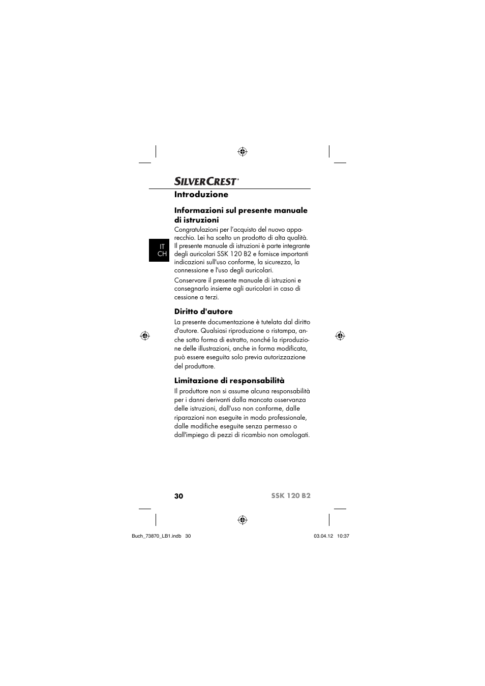 Introduzione, Informazioni sul presente manuale di istruzioni, Diritto d'autore | Limitazione di responsabilità | Silvercrest SSK 120 B2 User Manual | Page 33 / 73