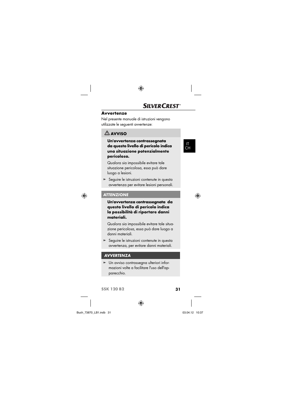 Avvertenze | Silvercrest SSK 120 B2 User Manual | Page 34 / 73