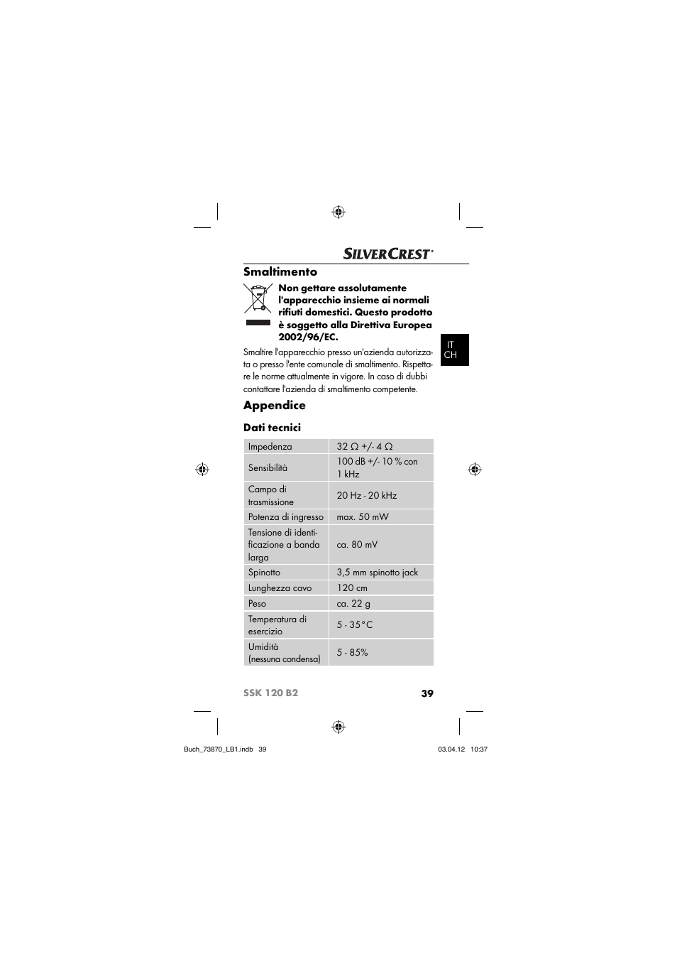Smaltimento, Appendice, Dati tecnici | Silvercrest SSK 120 B2 User Manual | Page 42 / 73