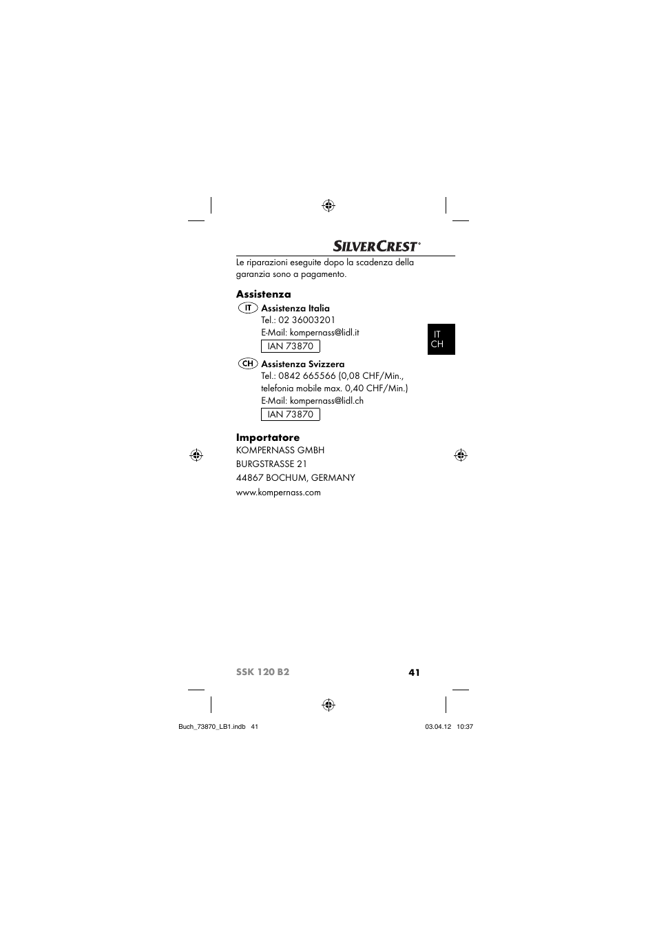 Assistenza, Importatore | Silvercrest SSK 120 B2 User Manual | Page 44 / 73