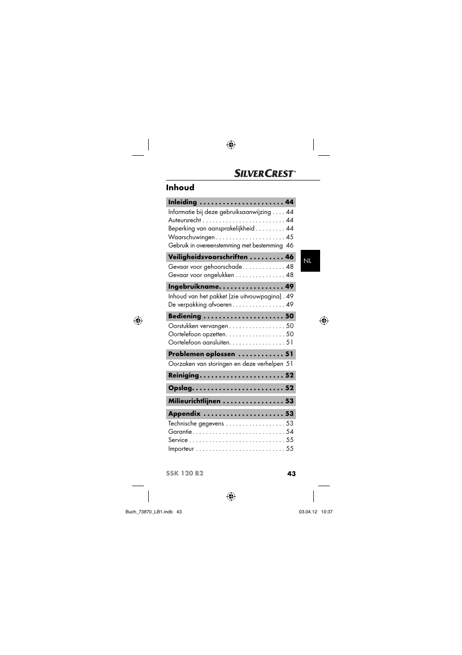 Inhoud | Silvercrest SSK 120 B2 User Manual | Page 46 / 73