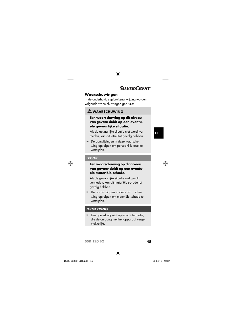Waarschuwingen | Silvercrest SSK 120 B2 User Manual | Page 48 / 73