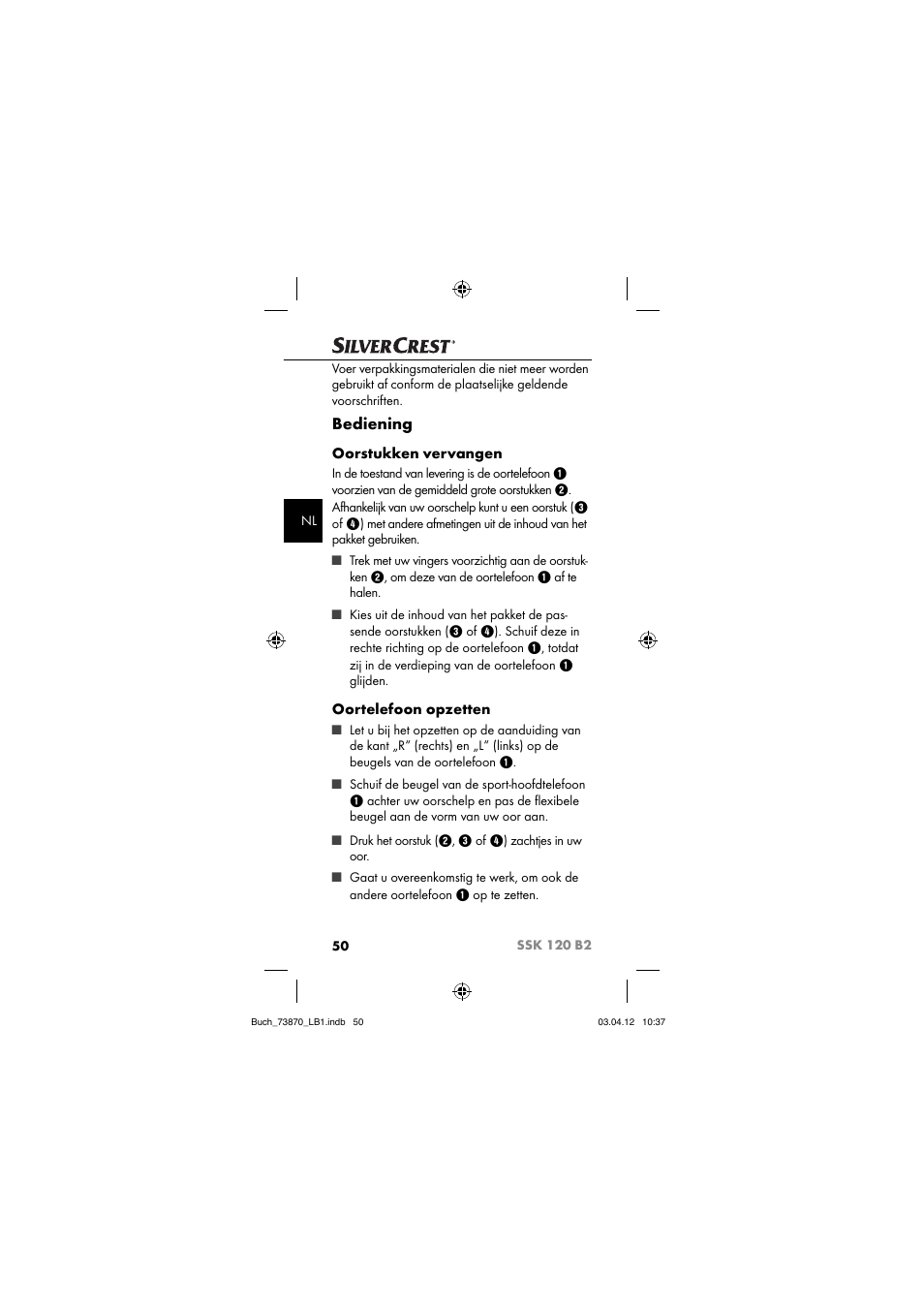 Bediening, Oorstukken vervangen, Oortelefoon opzetten | Silvercrest SSK 120 B2 User Manual | Page 53 / 73