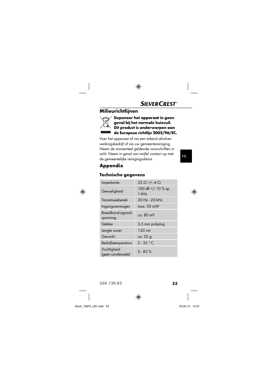 Milieurichtlijnen, Appendix, Technische gegevens | Silvercrest SSK 120 B2 User Manual | Page 56 / 73