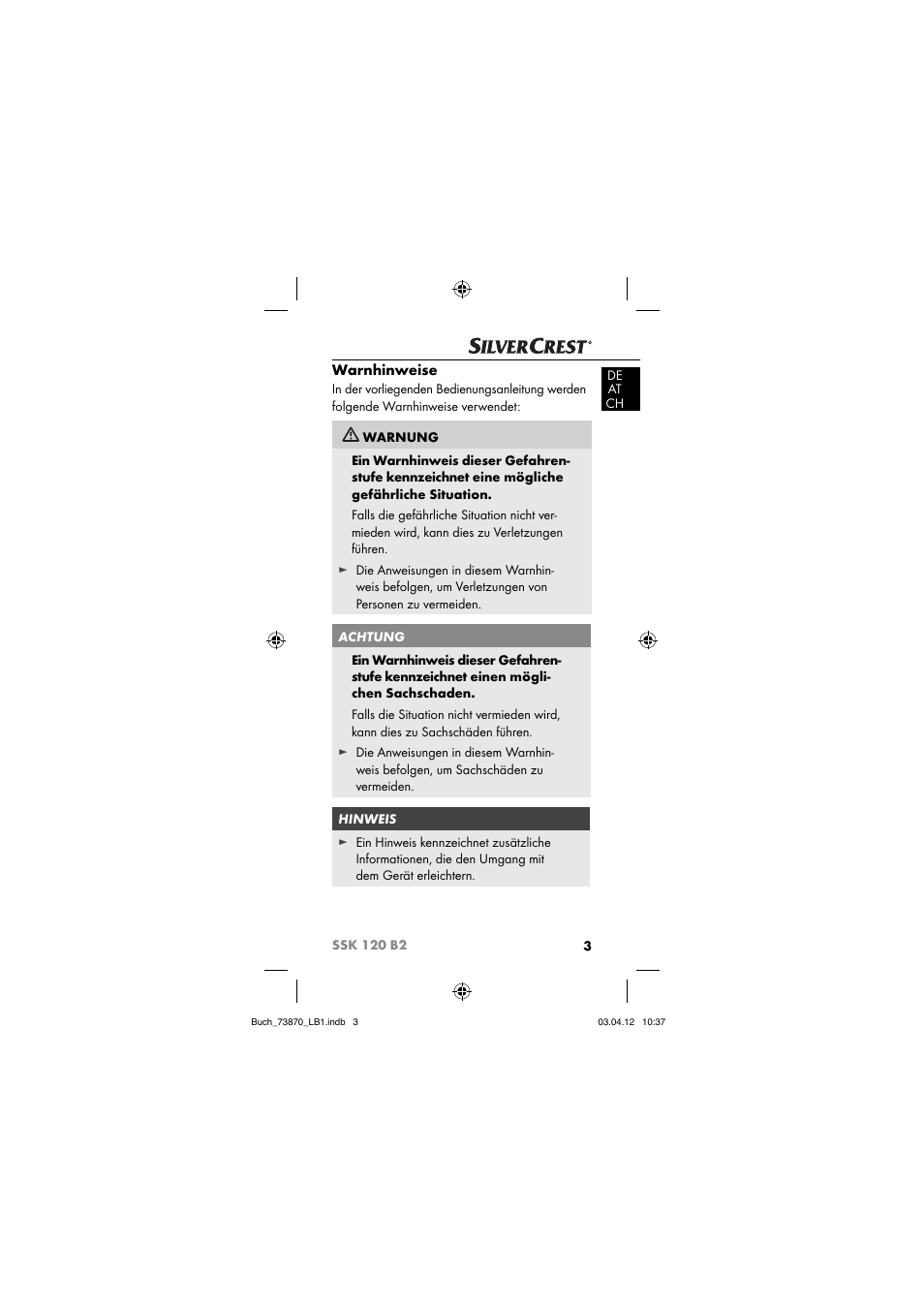 Warnhinweise | Silvercrest SSK 120 B2 User Manual | Page 6 / 73
