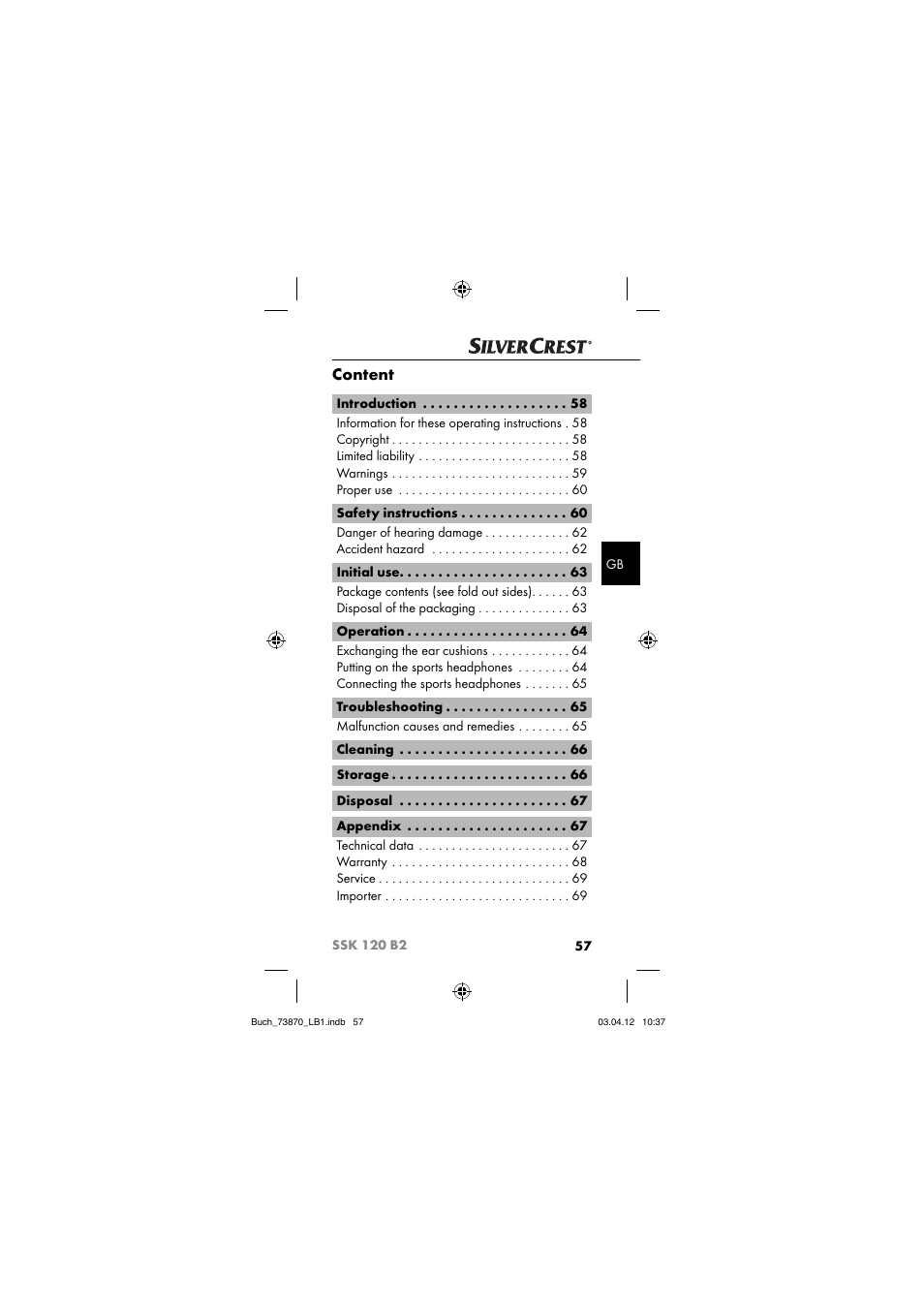 Content | Silvercrest SSK 120 B2 User Manual | Page 60 / 73