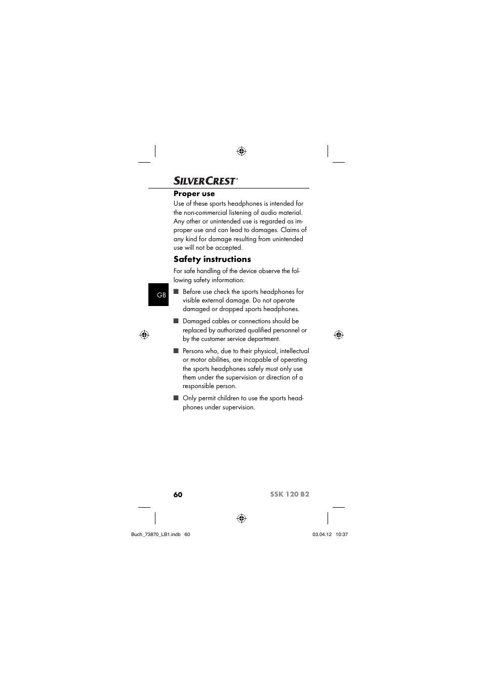 Safety instructions, Proper use | Silvercrest SSK 120 B2 User Manual | Page 63 / 73