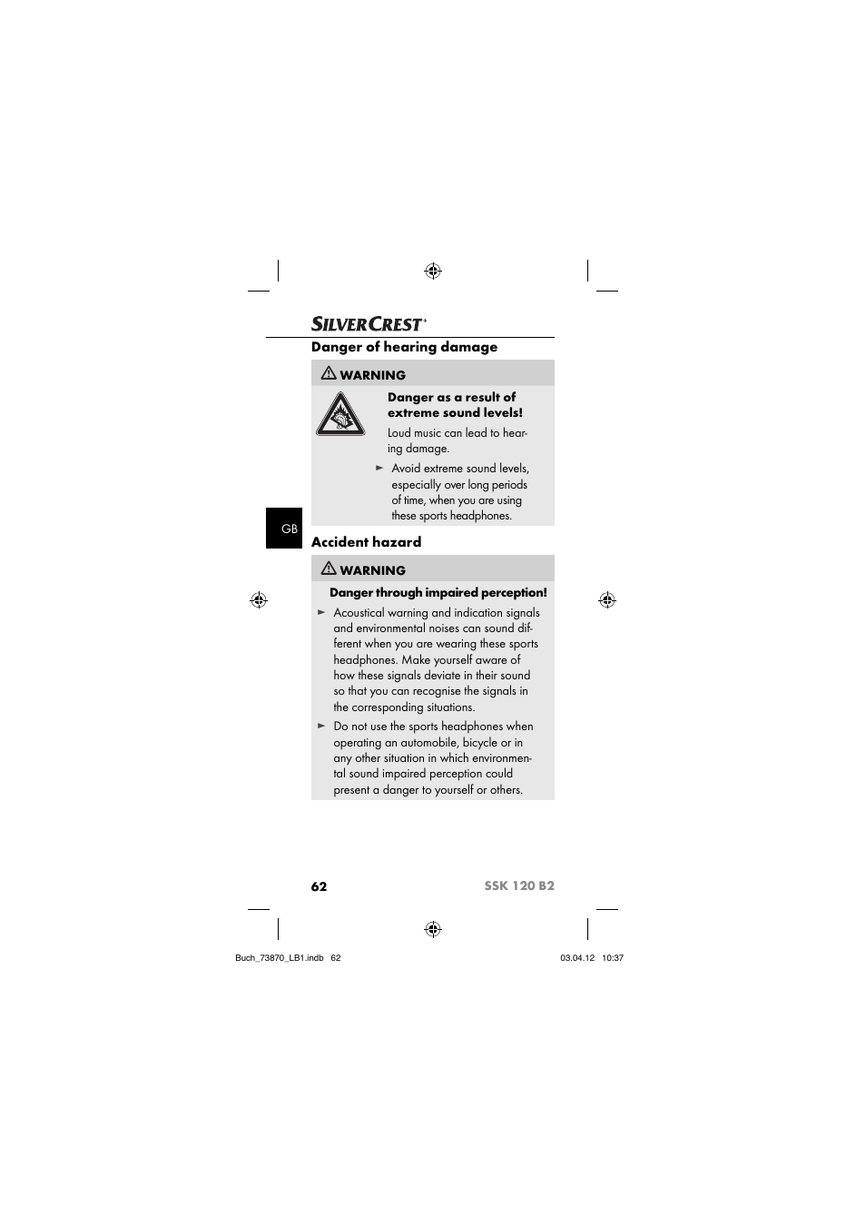 Danger of hearing damage, Accident hazard | Silvercrest SSK 120 B2 User Manual | Page 65 / 73