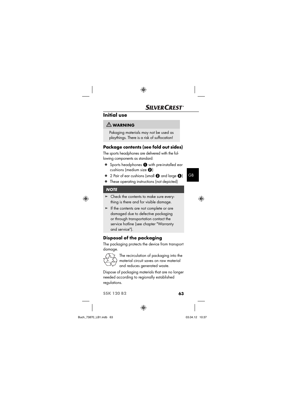 Initial use, Package contents (see fold out sides), Disposal of the packaging | Silvercrest SSK 120 B2 User Manual | Page 66 / 73