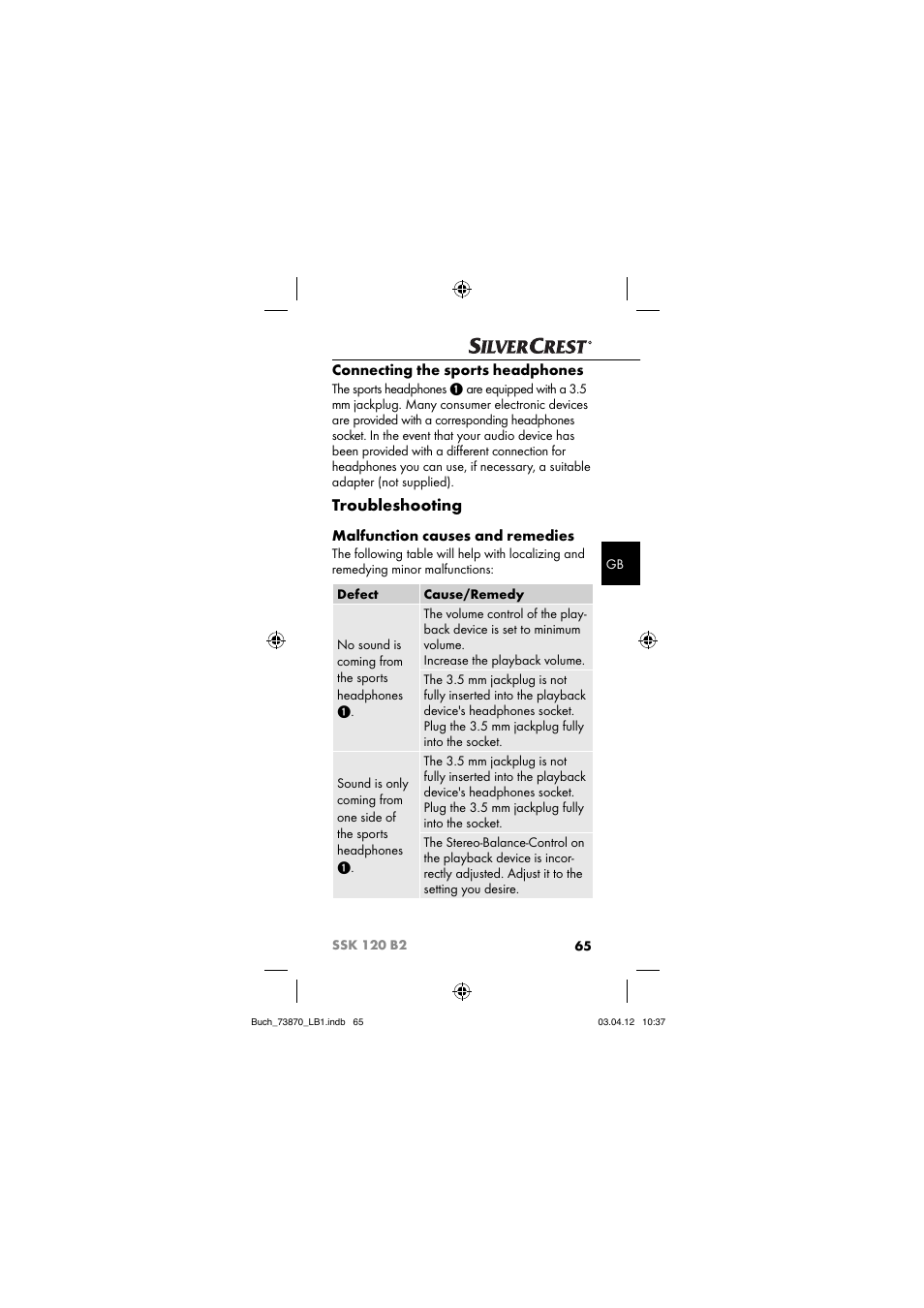 Troubleshooting, Connecting the sports headphones, Malfunction causes and remedies | Silvercrest SSK 120 B2 User Manual | Page 68 / 73