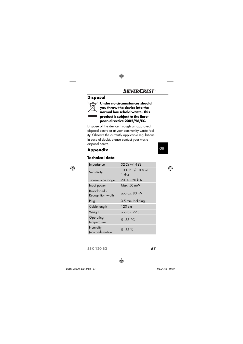 Disposal, Appendix, Technical data | Silvercrest SSK 120 B2 User Manual | Page 70 / 73