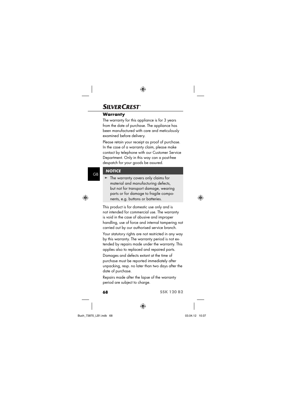 Warranty | Silvercrest SSK 120 B2 User Manual | Page 71 / 73