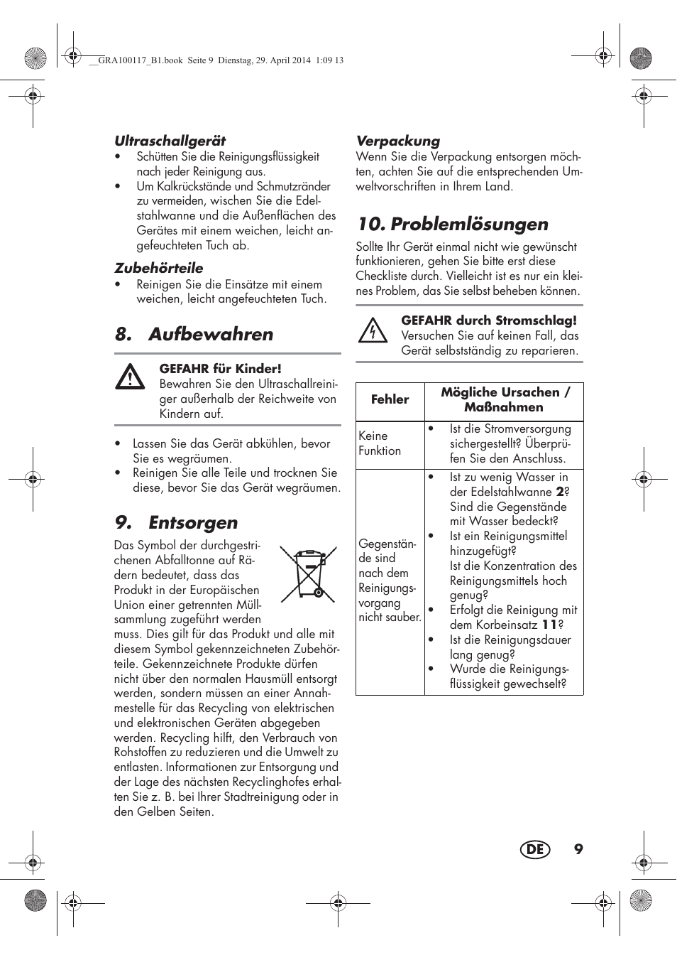 Aufbewahren, Entsorgen, Problemlösungen | Silvercrest SUR 46 B1 User Manual | Page 11 / 46