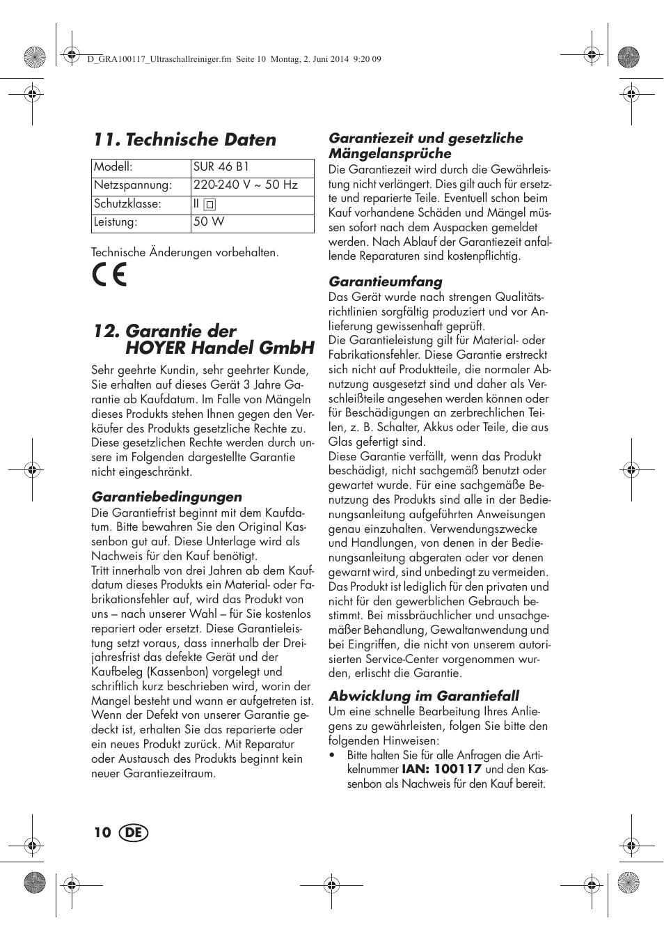 Technische daten, Garantie der hoyerhandel gmbh | Silvercrest SUR 46 B1 User Manual | Page 12 / 46