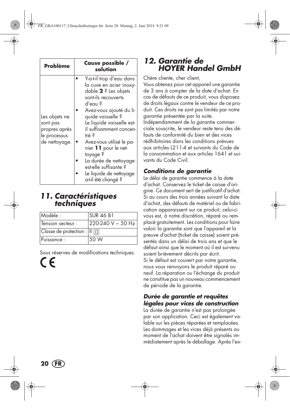 Caractéristiques techniques, Garantie de hoyer handel gmbh | Silvercrest SUR 46 B1 User Manual | Page 22 / 46