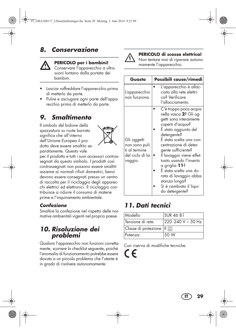 Conservazione, Smaltimento, Risoluzione dei problemi | Dati tecnici | Silvercrest SUR 46 B1 User Manual | Page 31 / 46