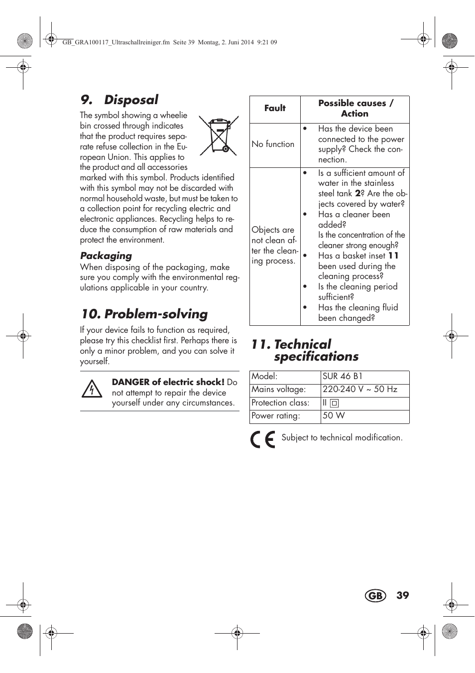 Disposal, Problem-solving, Technical specifications | Silvercrest SUR 46 B1 User Manual | Page 41 / 46