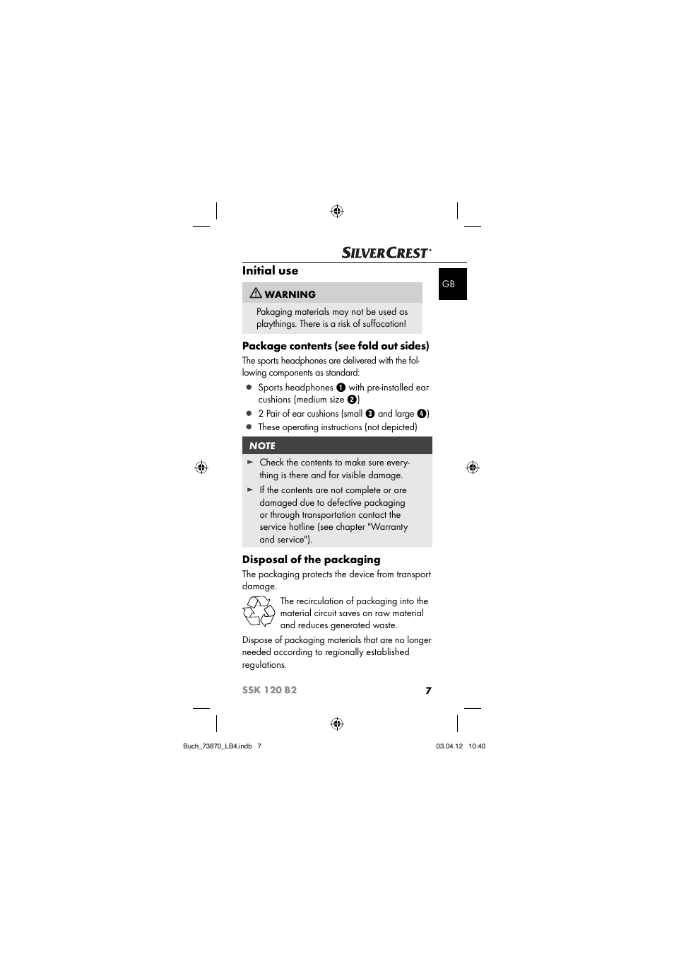 Initial use, Package contents (see fold out sides), Disposal of the packaging | Silvercrest SSK 120 B2 User Manual | Page 10 / 59
