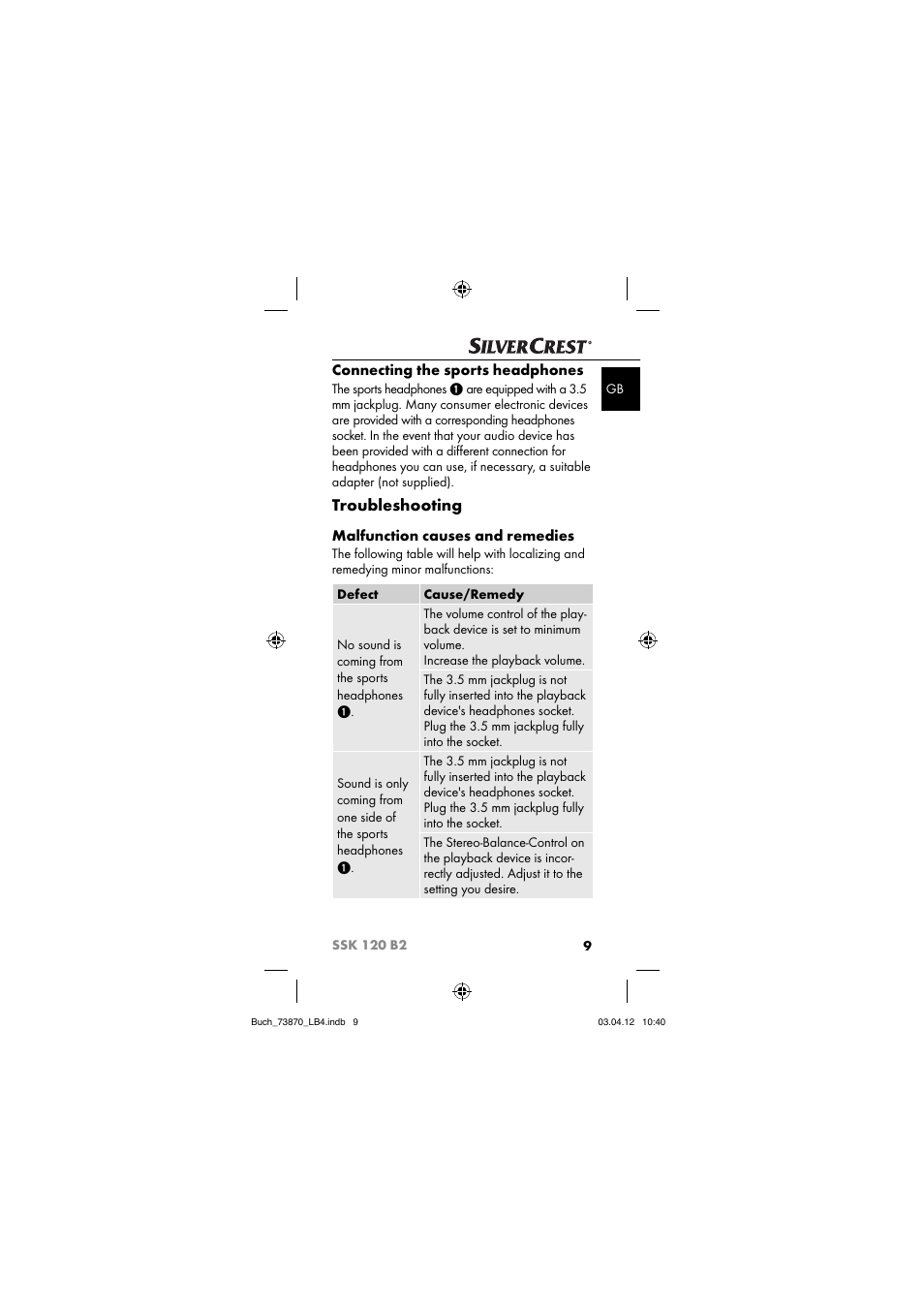 Troubleshooting, Connecting the sports headphones, Malfunction causes and remedies | Silvercrest SSK 120 B2 User Manual | Page 12 / 59