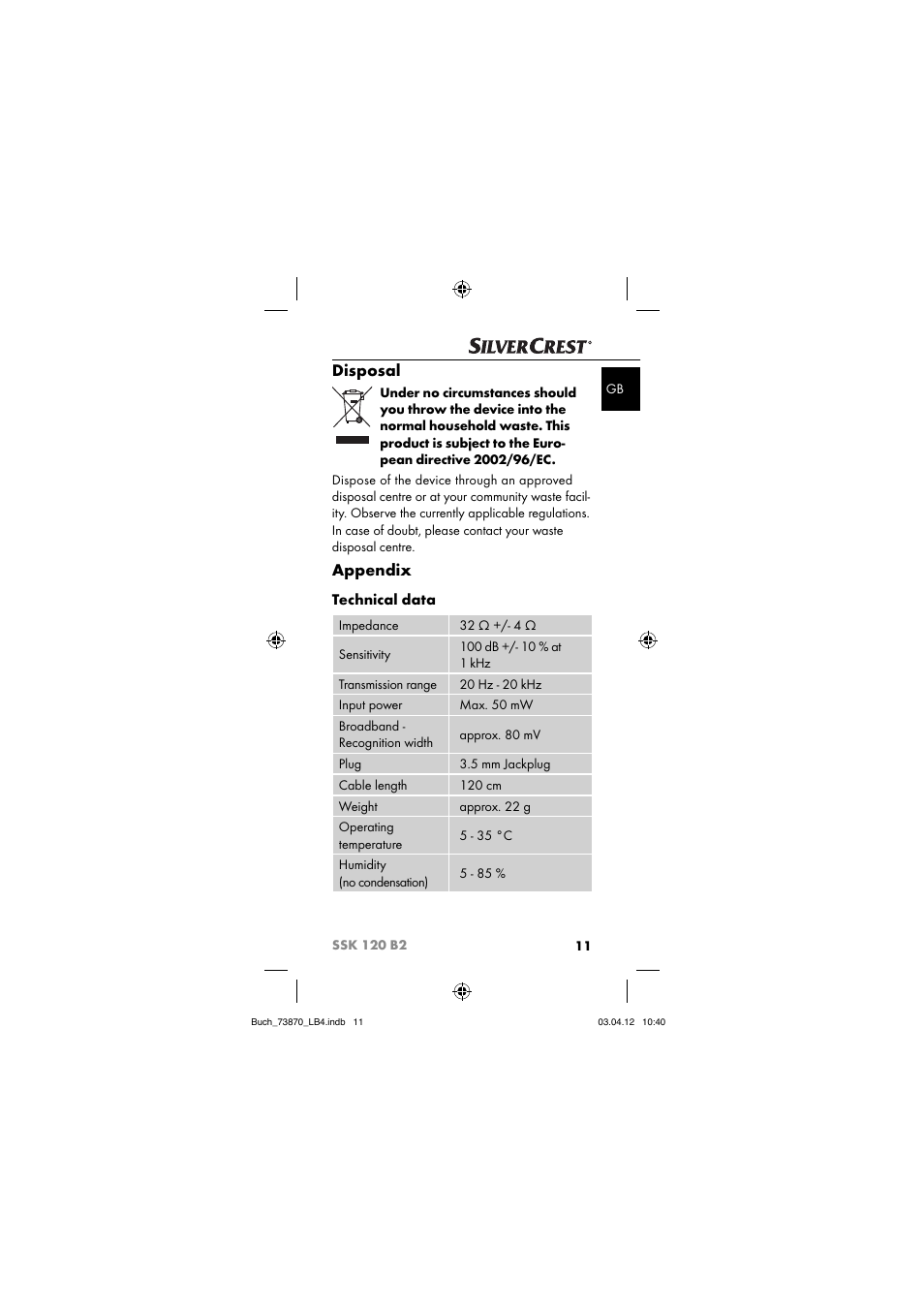 Disposal, Appendix, Technical data | Silvercrest SSK 120 B2 User Manual | Page 14 / 59