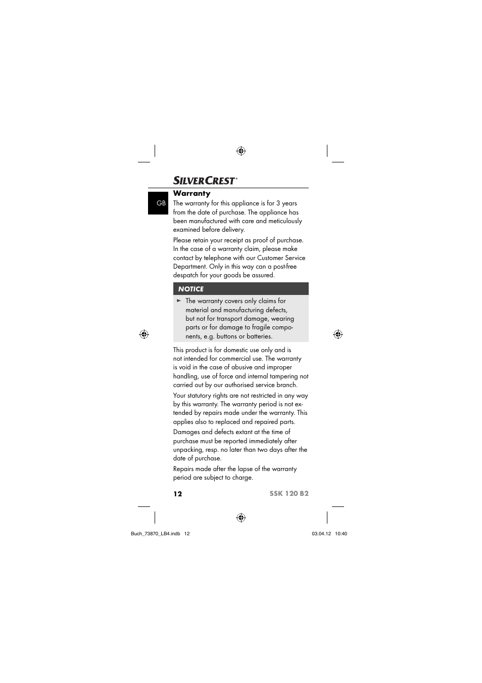Warranty | Silvercrest SSK 120 B2 User Manual | Page 15 / 59