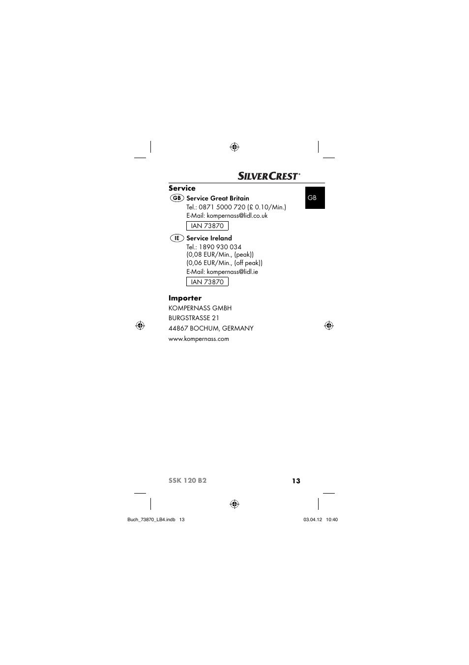 Service, Importer | Silvercrest SSK 120 B2 User Manual | Page 16 / 59