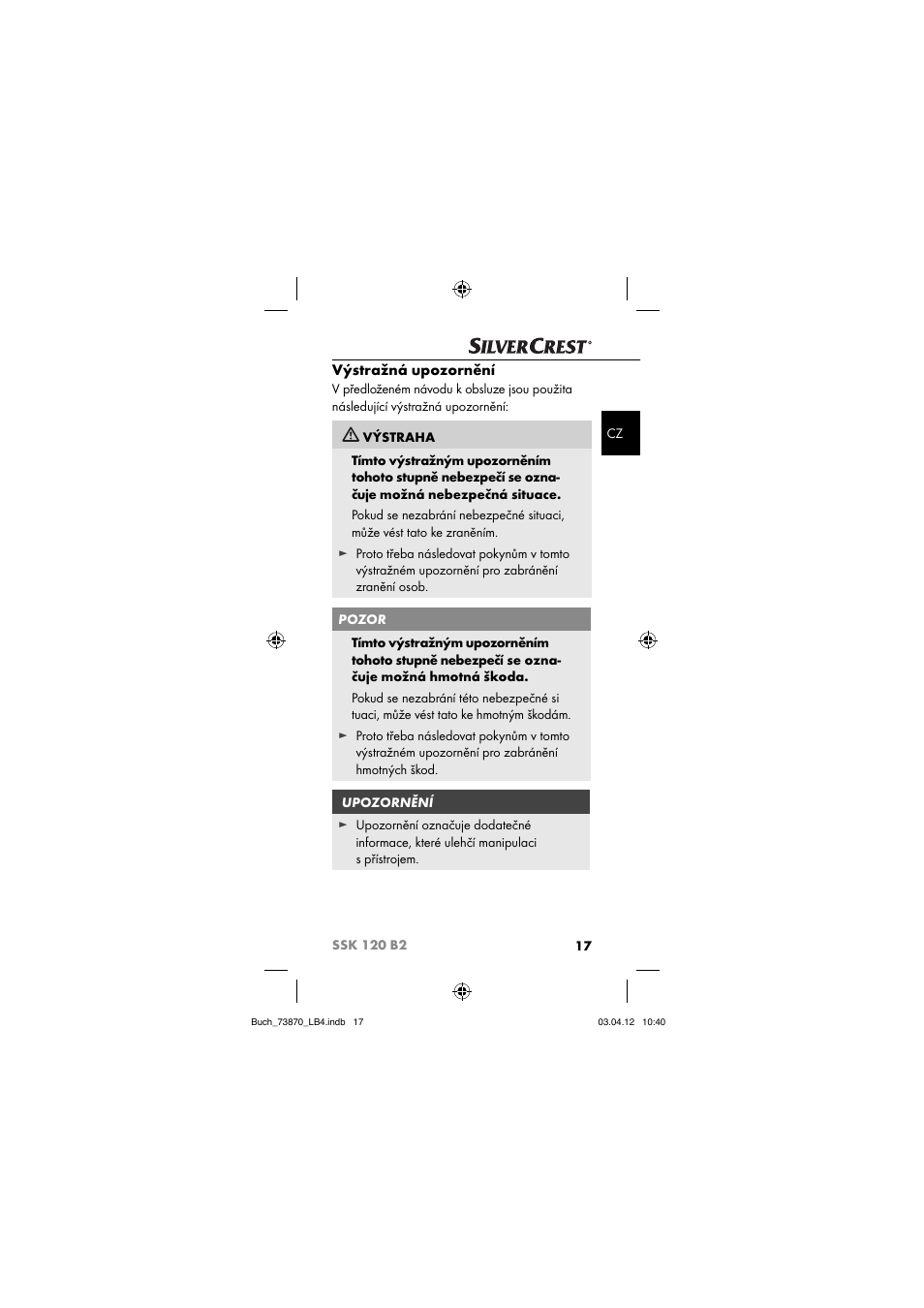 Výstražná upozornění | Silvercrest SSK 120 B2 User Manual | Page 20 / 59