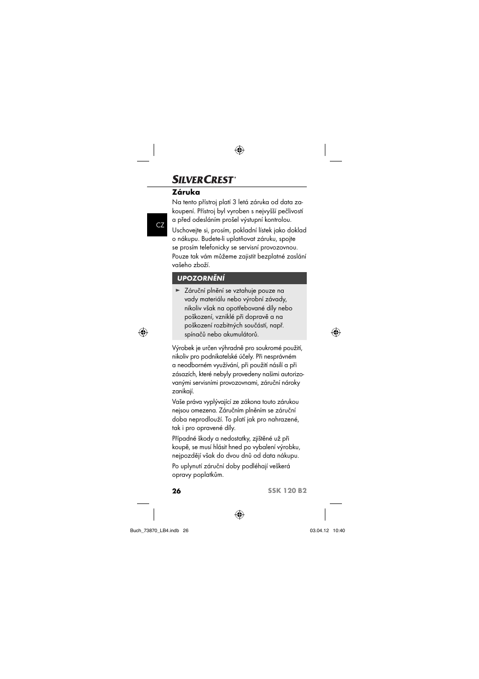 Záruka | Silvercrest SSK 120 B2 User Manual | Page 29 / 59